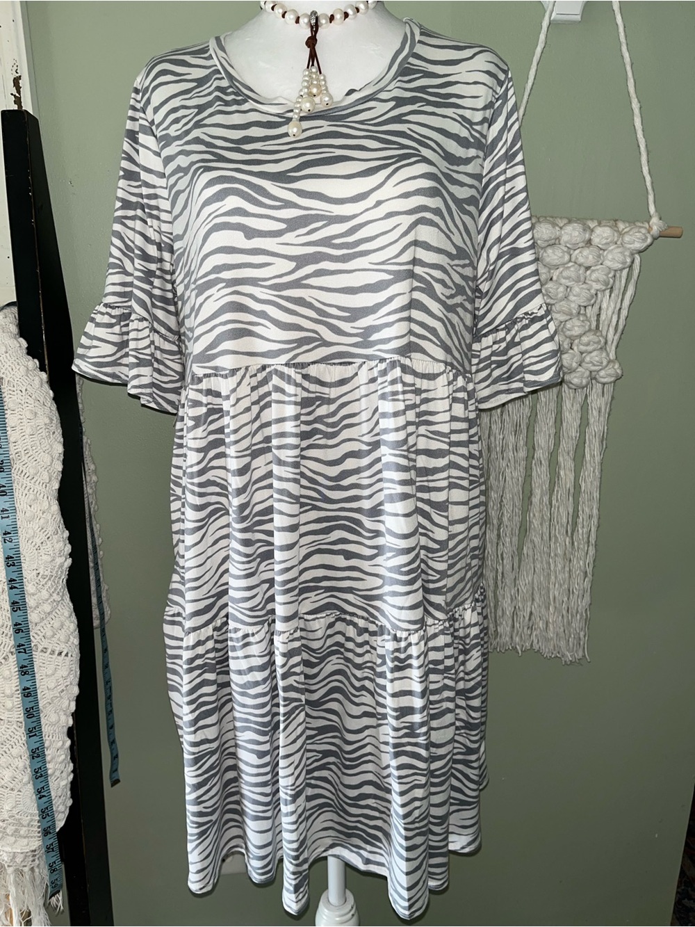 Zebra Print Tiered Tunic Dress in Gray & White